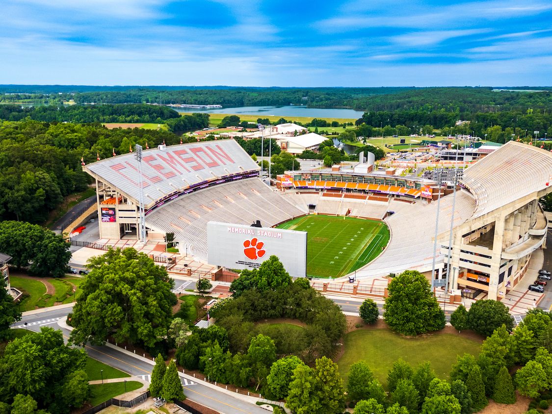 Aerial View of Clemson Football Stadium with Lake Hartwell in the Background