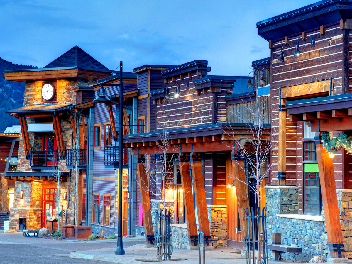 View of Shops and Restaurants in Big Sky Resort Village at Sunset