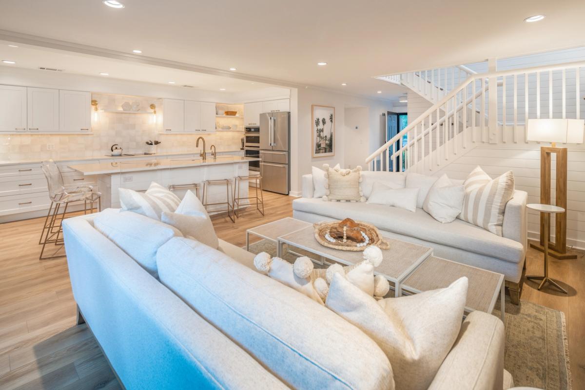 Living room and kitchen in a Hilton Head Island vacation rental.