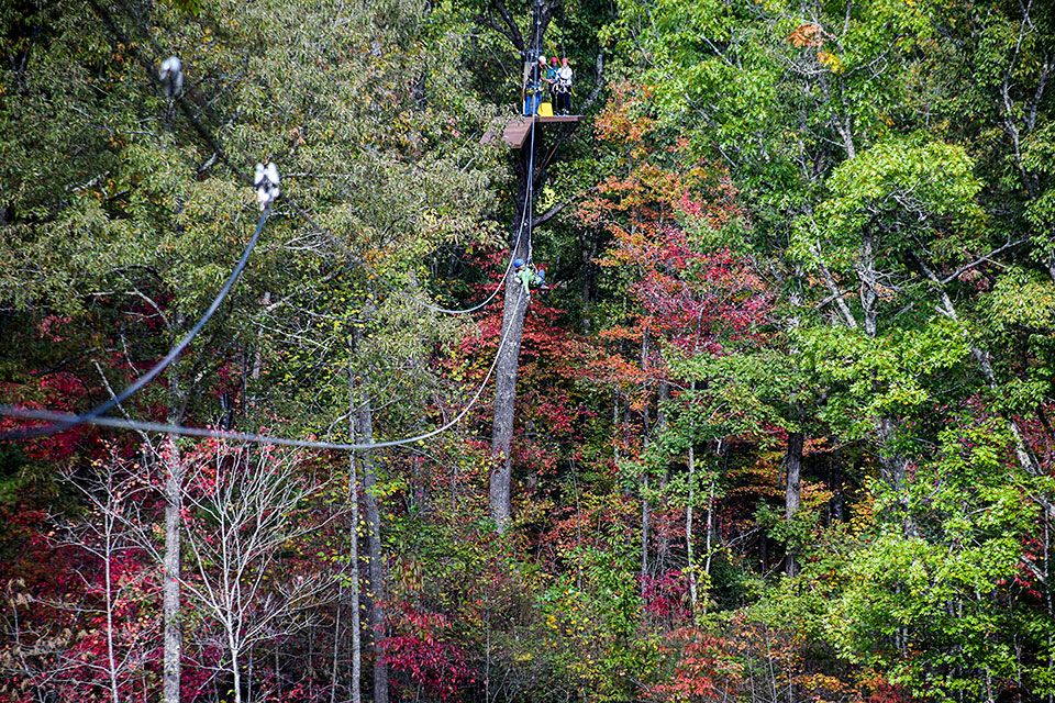 Thrill-seekers glide through colorful fall trees on a high zipline adventure in the Smoky Mountains. The long cable stretches between forested hills, offering an unforgettable bird’s-eye view.