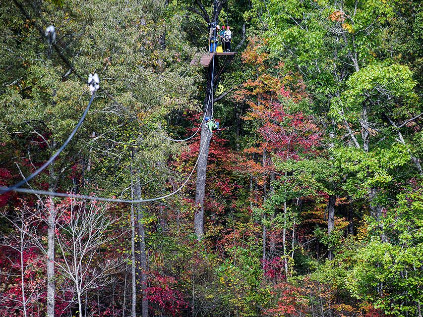 Thrill-seekers glide through colorful fall trees on a high zipline adventure in the Smoky Mountains. The long cable stretches between forested hills, offering an unforgettable bird’s-eye view.