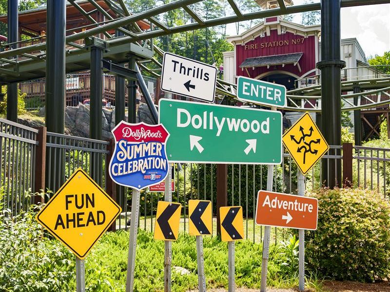 Dollywood theme park with floral bear sculptures and colorful summer celebration signs. A mix of rides, shows, and Appalachian charm.