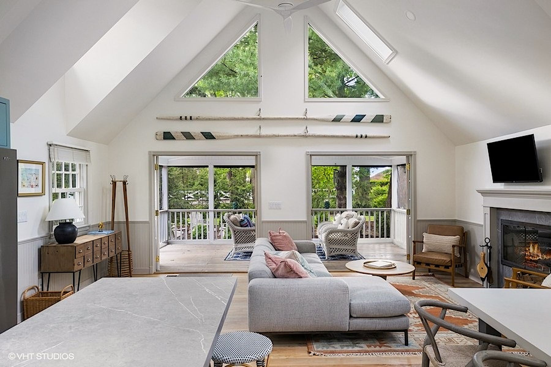 Cozy Living Room With Fire in A Luxury Southwest Michigan Vacation Rental