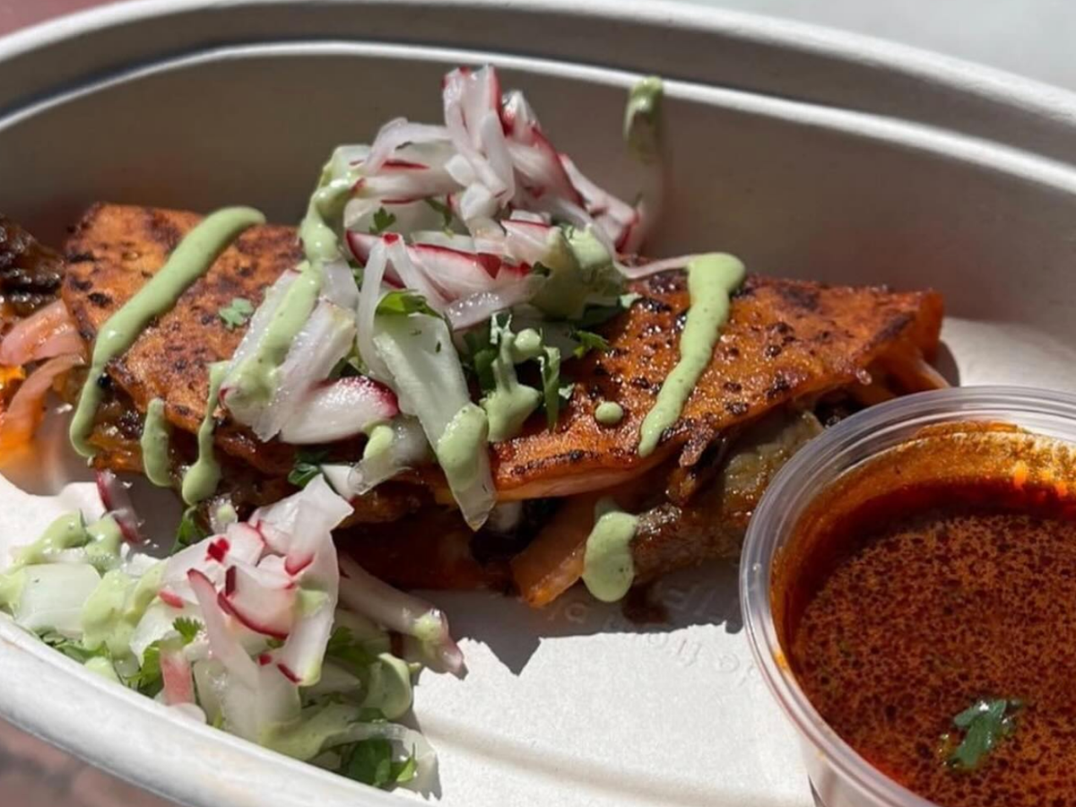Close-up of a birria taco topped with shredded radish, cilantro, and green crema, served in a compostable bowl with a side of rich red consommé for dipping.