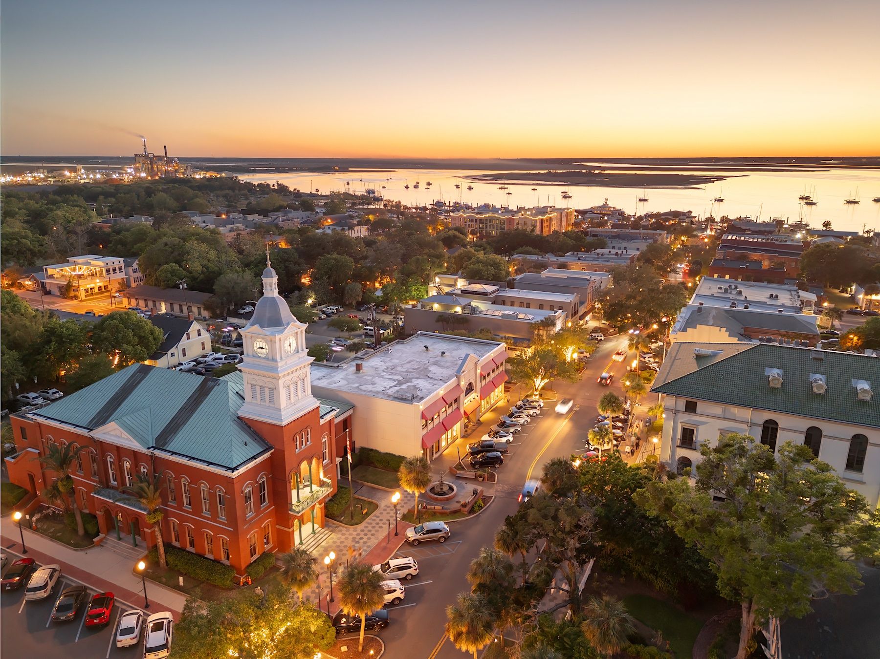 Aerial View of Historic Fernandina Beach At Sunset Looking Out Toward the Ocean 