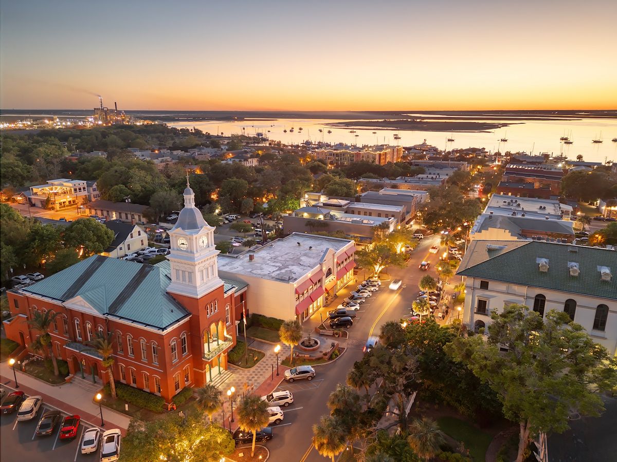 Aerial View of Historic Fernandina Beach At Sunset Looking Out Toward the Ocean