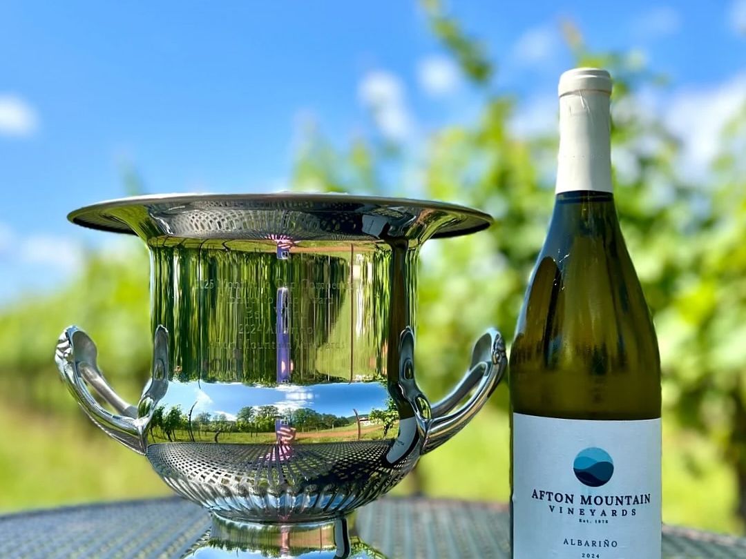 A chilled bottle of Albariño wine from Afton Mountain Vineyards stands next to a silver trophy under a bright blue sky. The polished setup and vineyard reflection celebrate excellence in Monticello’s award-winning wines.