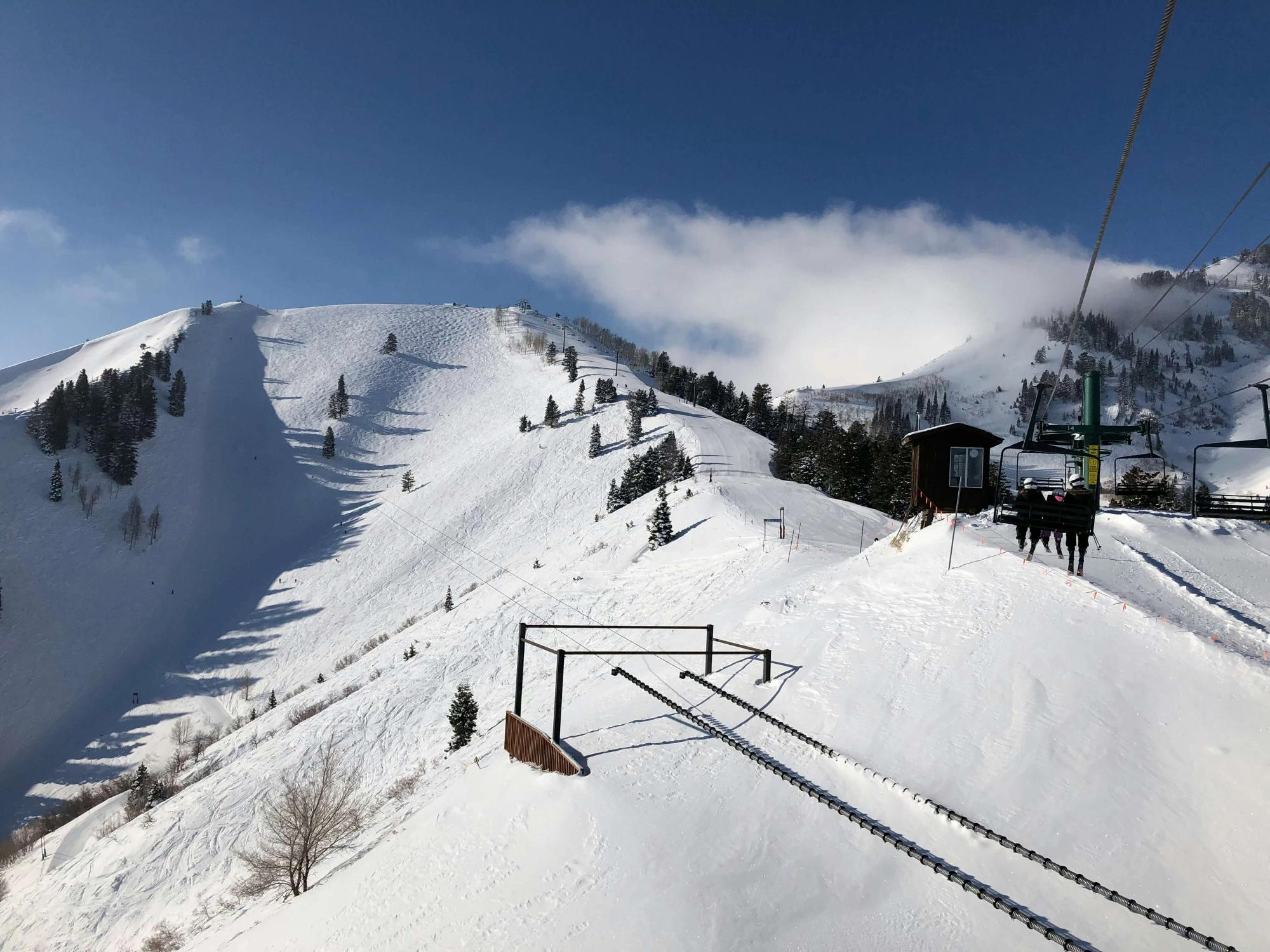 A snowy ski slope in Utah with powdery white trails winding down the mountain, surrounded by tall pine trees and blue skies. Skiers and snowboarders enjoy the fresh snow and wide-open runs on this winter adventure.