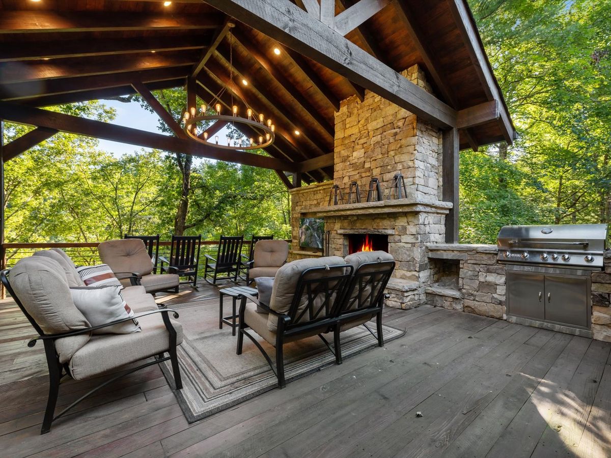 View of Back Deck at Luxury Blue Ridge Georgia Vacation Rental with Fireplace