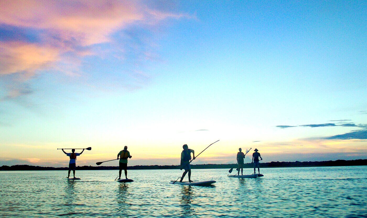 A group paddle boarding together during sunset with calm water and colorful skies. Water Dog Paddle Co. offers fun paddle board experiences for all skill levels.