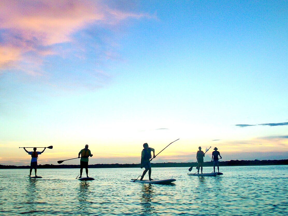 A group paddle boarding together during sunset with calm water and colorful skies. Water Dog Paddle Co. offers fun paddle board experiences for all skill levels.