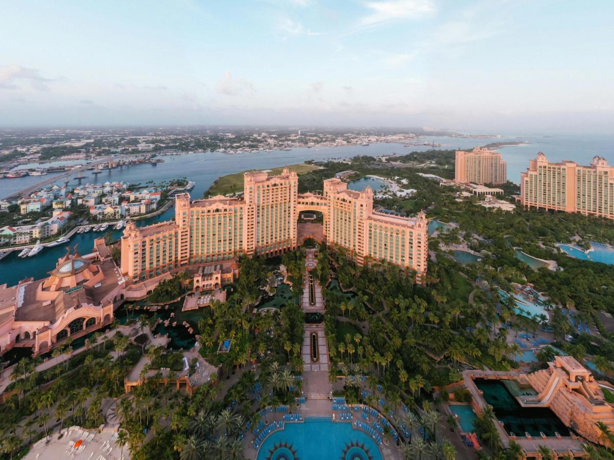 A wide aerial view of the iconic Atlantis Resort on Paradise Island. This landmark is one of the top sights to see when visiting Nassau.