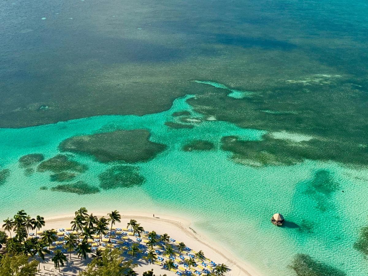 Aerial view of the beach and waters of the Bahamas with a hut on the water and palm trees on the beach