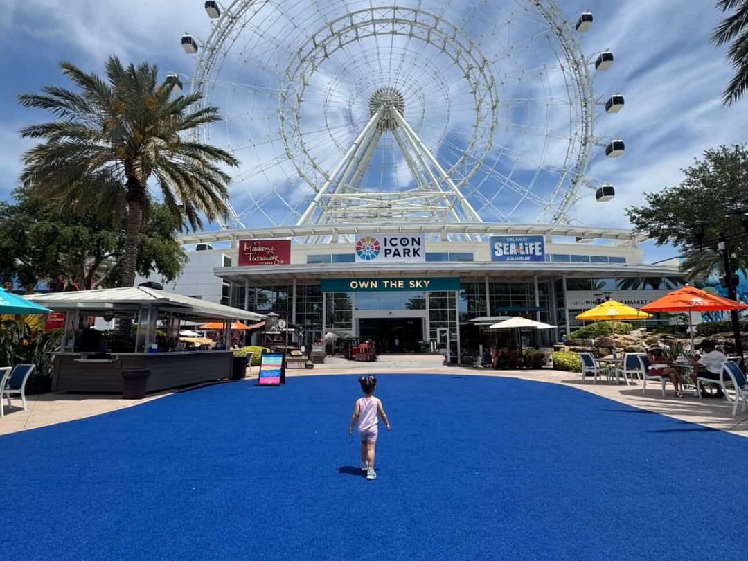 A young child walks toward the giant Ferris wheel at ICON Park in Orlando, surrounded by palm trees, colorful umbrellas, and sunny skies. It’s a fun and family-friendly spot with rides, food, and adventure in every direction.