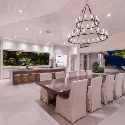 Kitchen and dining area at dusk.