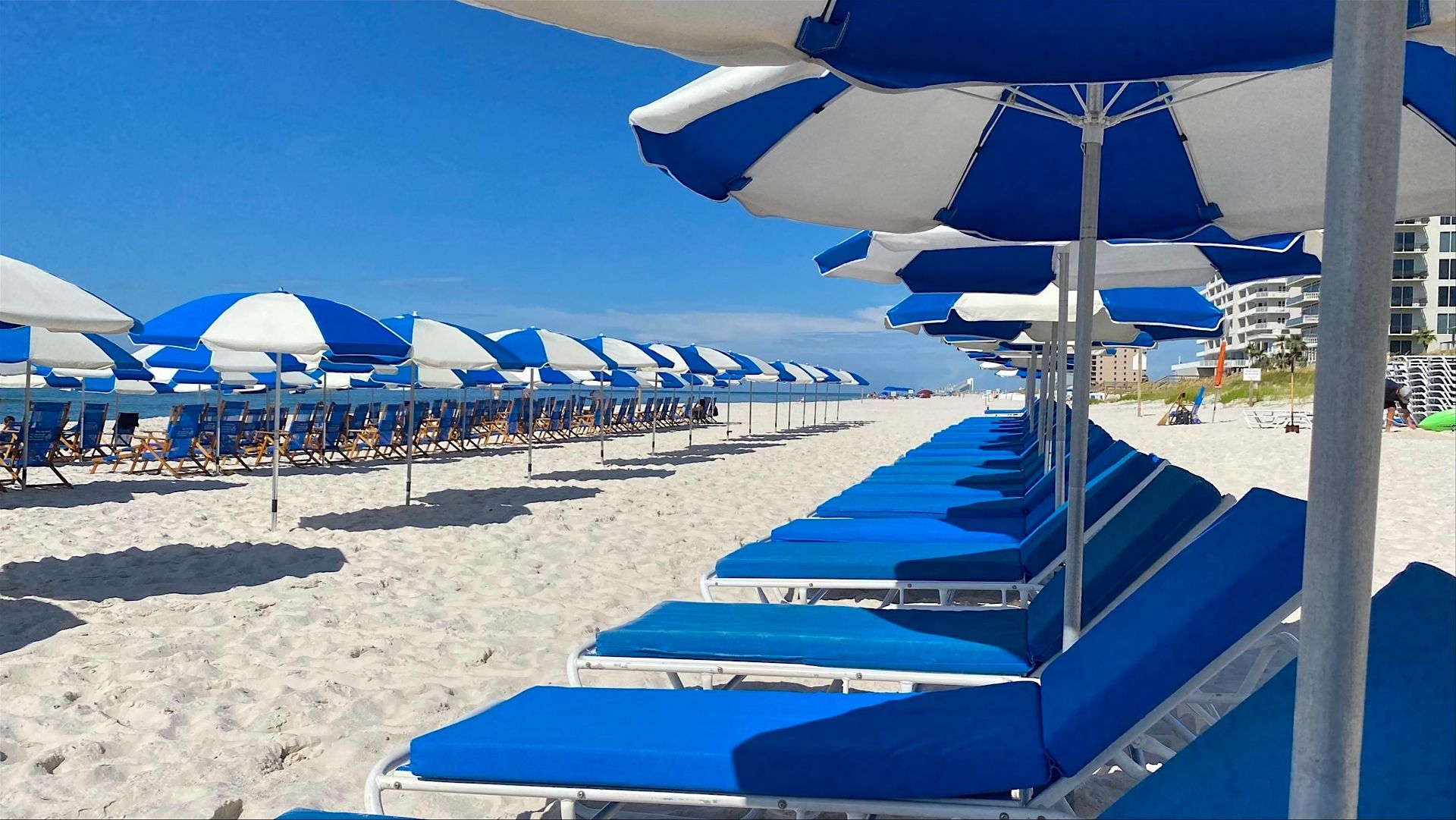 Beach Chairs and umbrellas on beach at Lost Key Golf & Beach Club