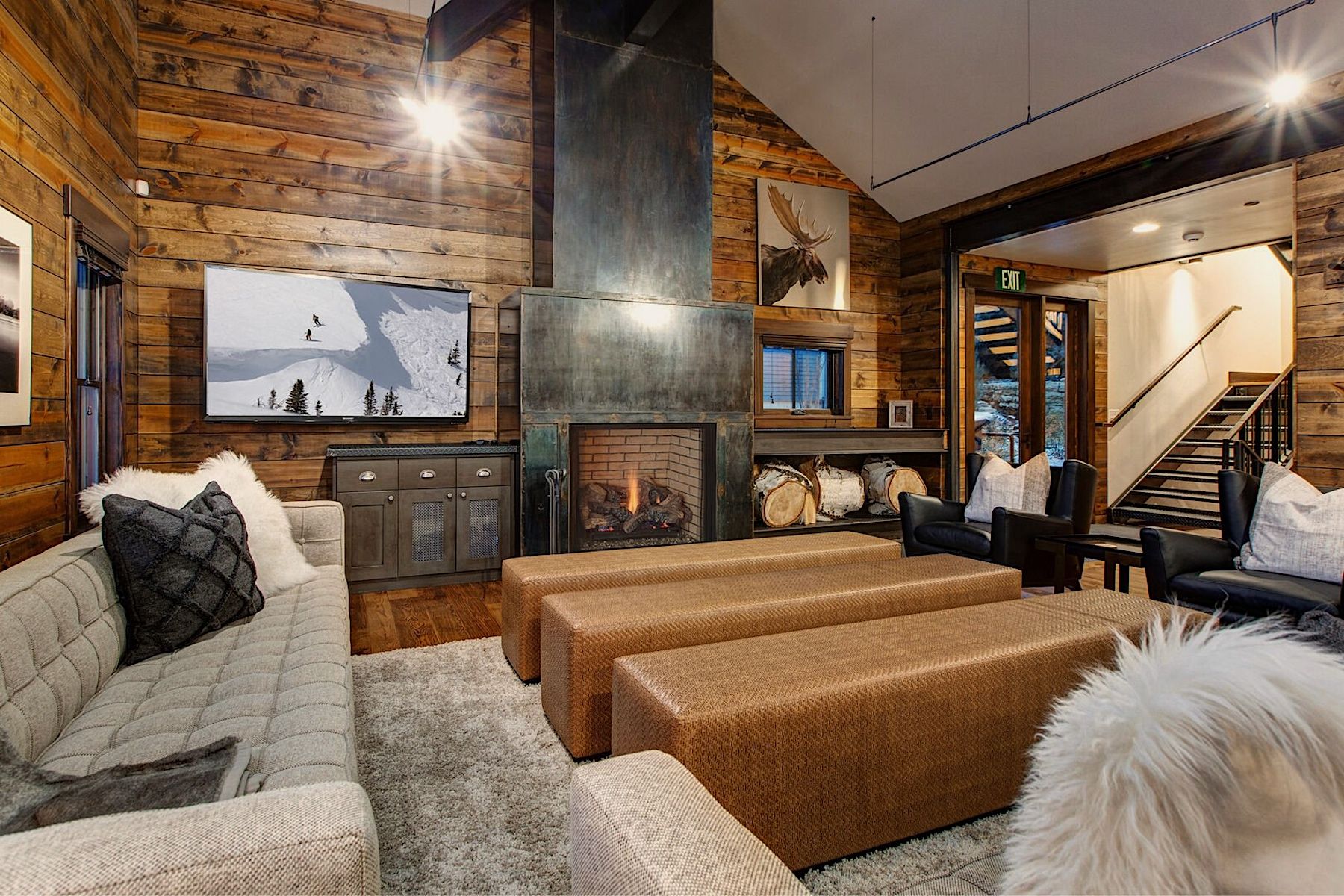 Living Room in Park City Luxury Vacation Rental With oversized Couches and a Cozy Fire