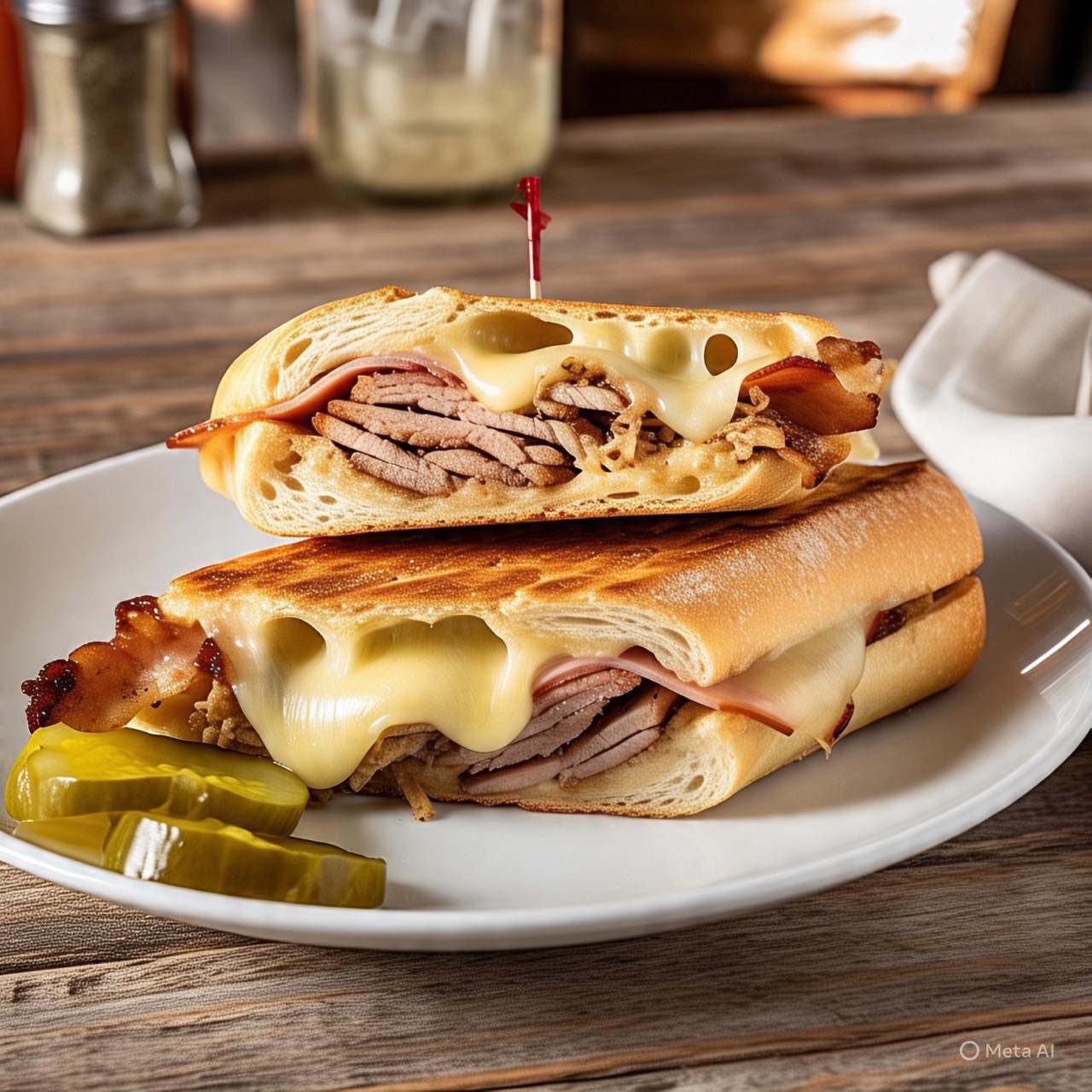 A stacked roast pork sandwich with melted cheese and bacon on toasted bread, served with pickle slices. This hearty Southern classic is perfect for lunch after a day exploring the Blue Ridge Mountains.