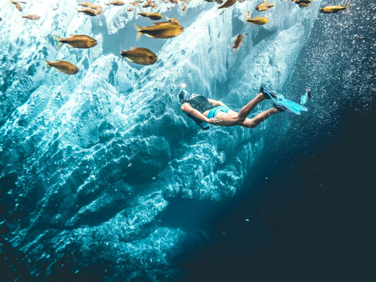 A snorkeler glides through crystal-clear blue waters surrounded by colorful fish and dramatic underwater rock formations. The sunlight piercing through the surface highlights the magic and mystery of exploring a Bahamian blue hole.