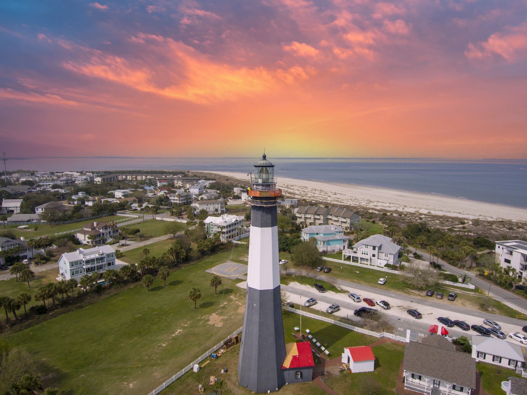 Aerial View of Tybee Island and Lighthouse at Sunset