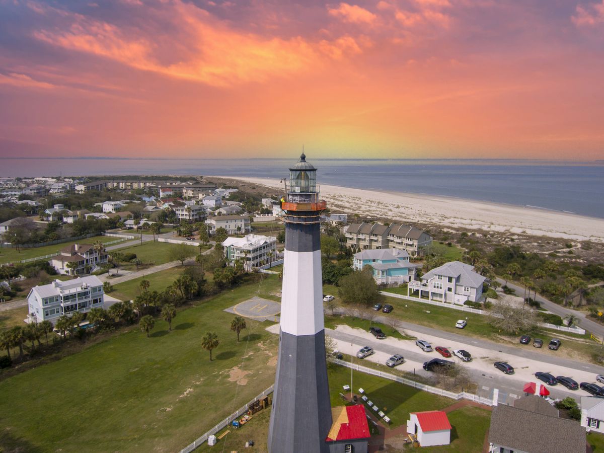 Aerial View of Tybee Island and Lighthouse at Sunset