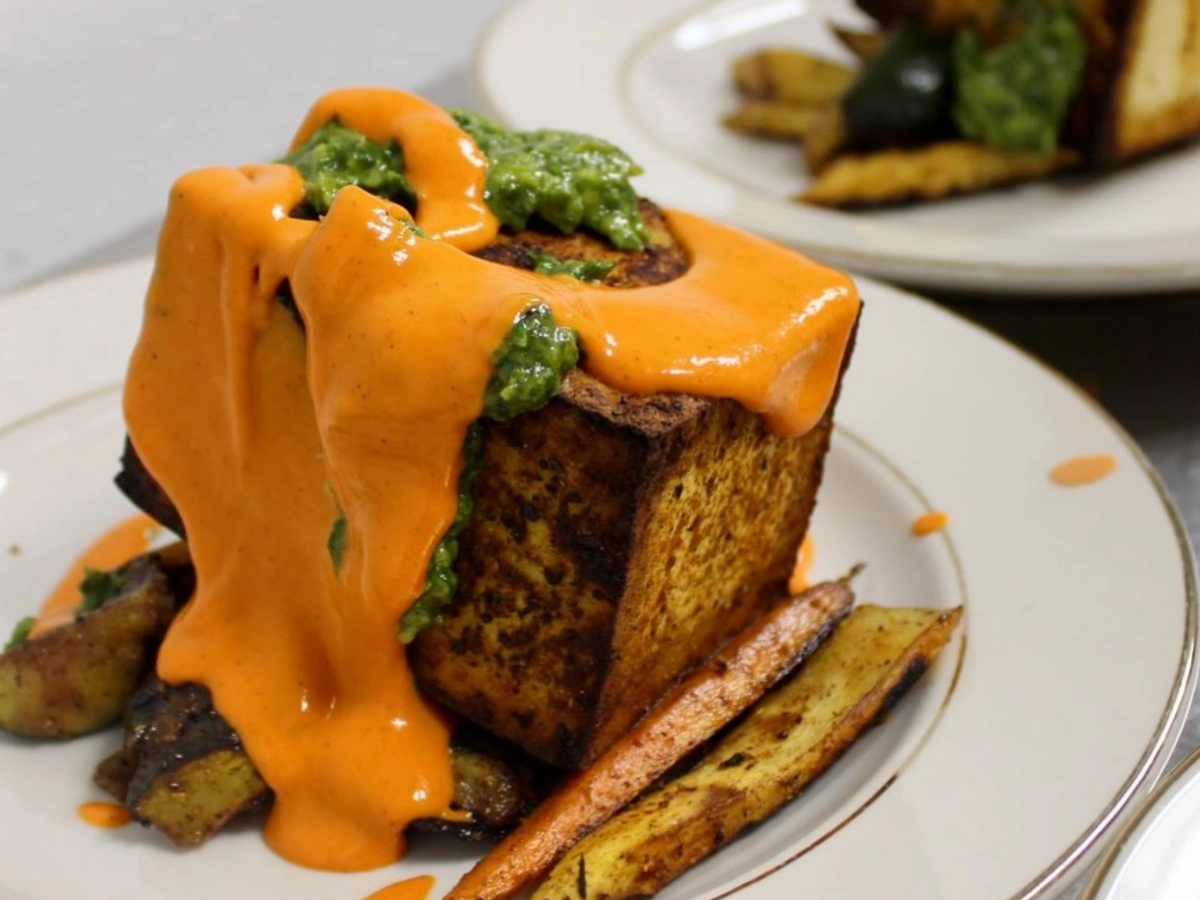 gourmet dish featuring a cube of toasted bread topped with green herb pesto and draped in creamy orange sauce, served with roasted vegetables.