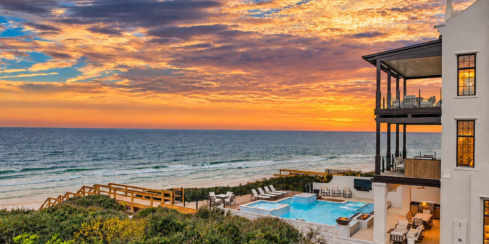 A white beachfront home overlooks the ocean beneath a soft pink and blue evening sky. The outdoor area includes a pool, lounge chairs, covered balconies, and wooden stairs leading toward the beach.