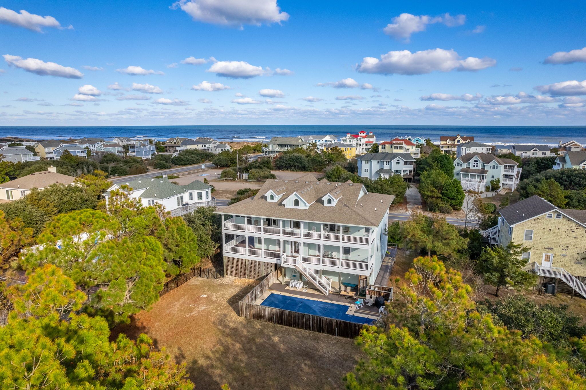 Aerial view of private pool in outer banks at large home