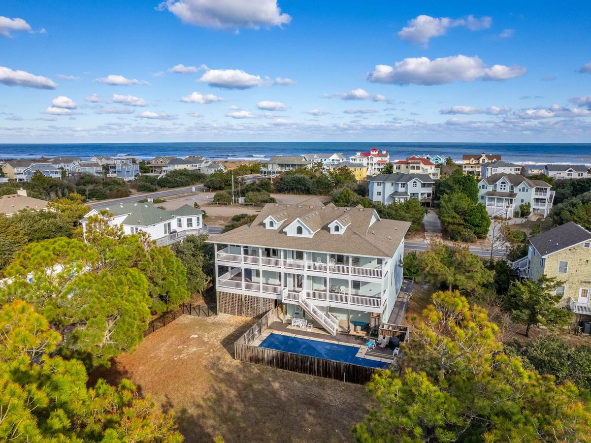 Aerial view of private pool in outer banks at large home