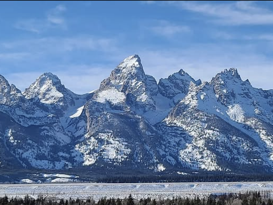 Majestic snow-covered mountain range under a clear blue sky, with rugged peaks rising sharply above a forested valley.