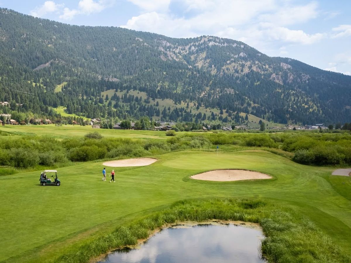 A wide golf course sits under a mountain ridge in Big Sky, with golfers walking near a cart and sand bunkers. It’s a peaceful and scenic place to play a round while surrounded by green fields and forested hills.