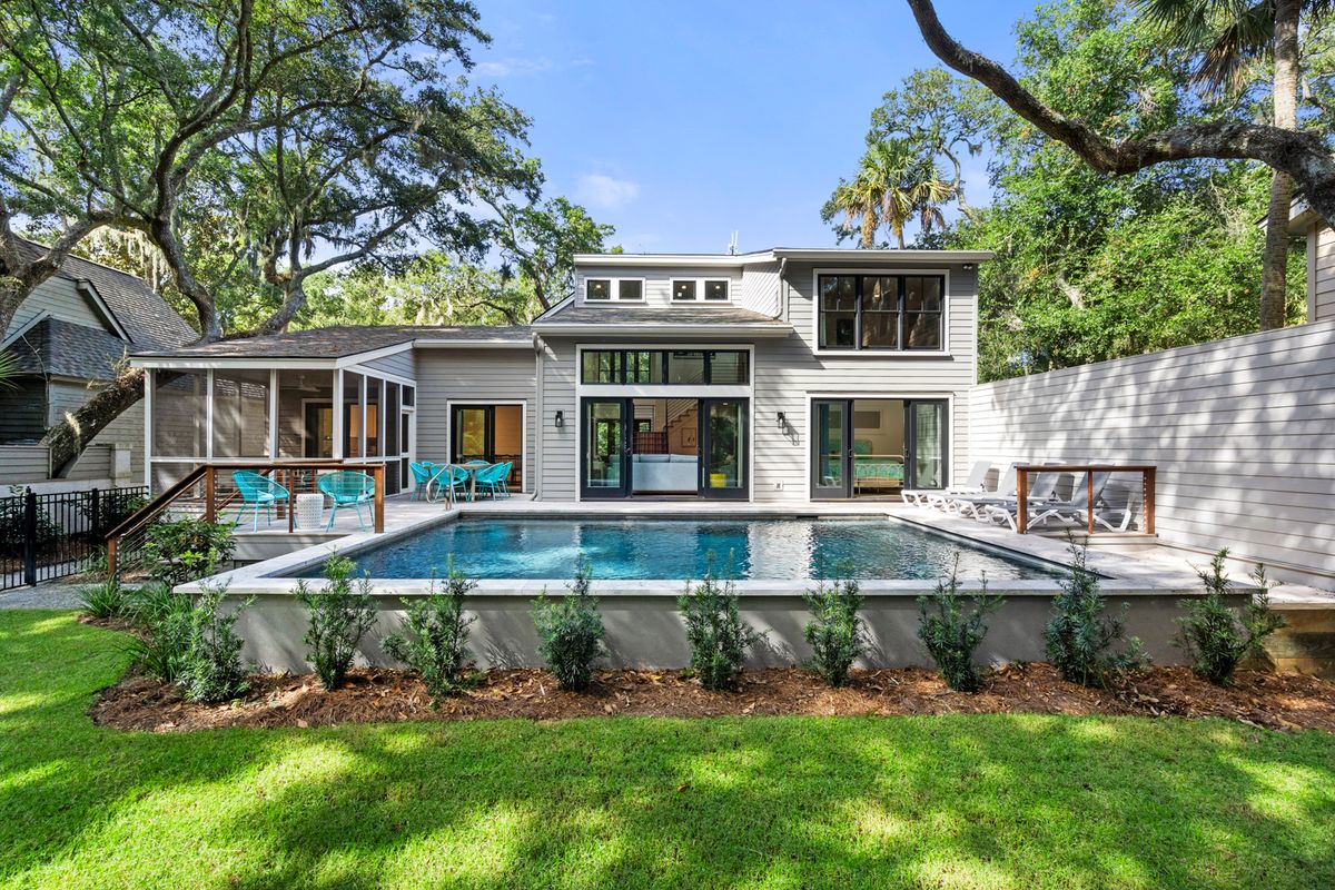 Exterior view of a Kiawah Island vacation rental with a private pool.