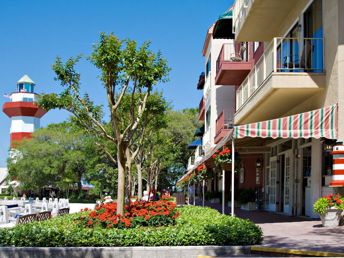 View of Harbour Town Lighthouse and Shops on Hilton Head Island, SC