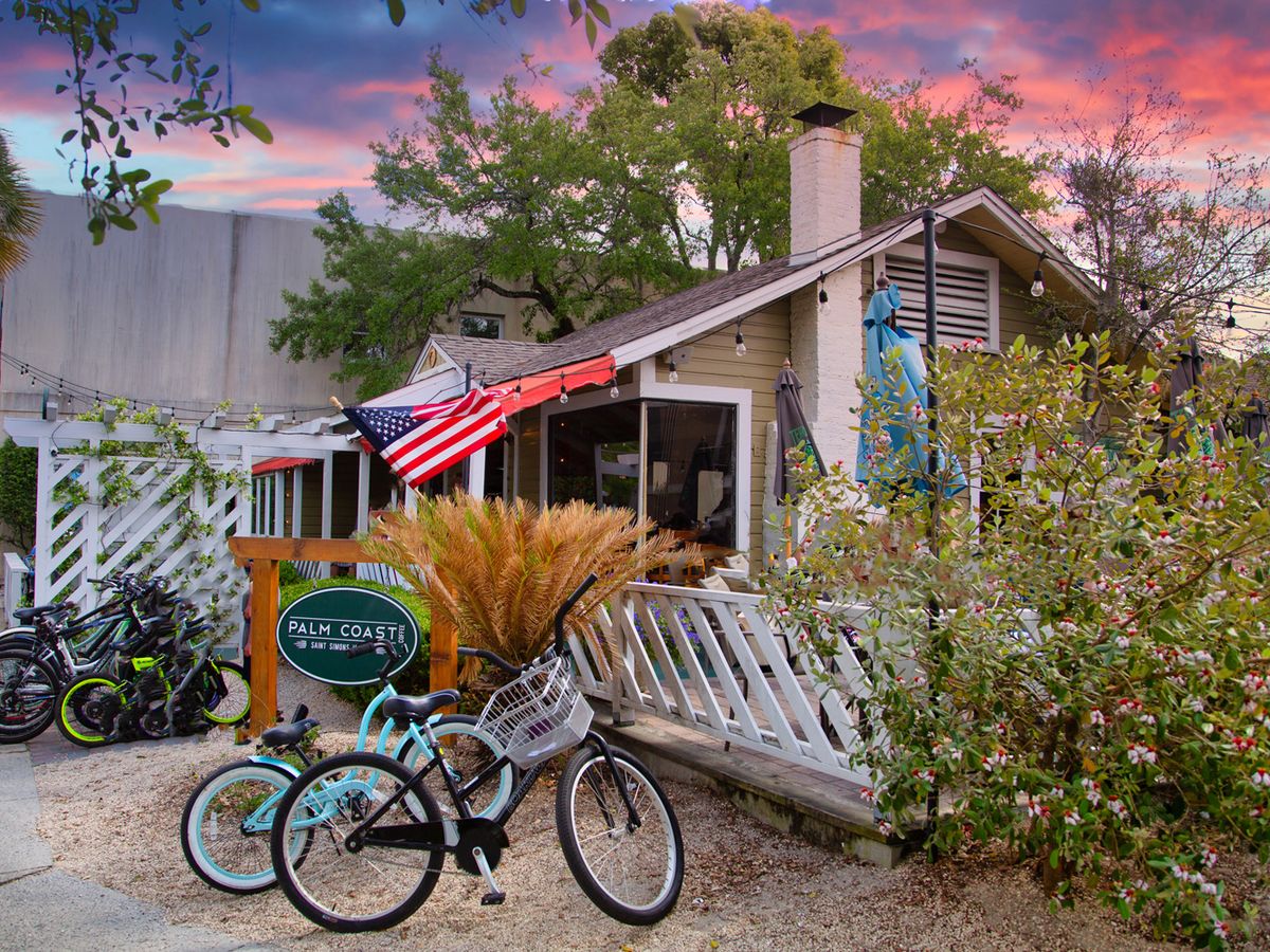 Colorful Bikes Outside St. Simons Coffee Shop at Sunset
