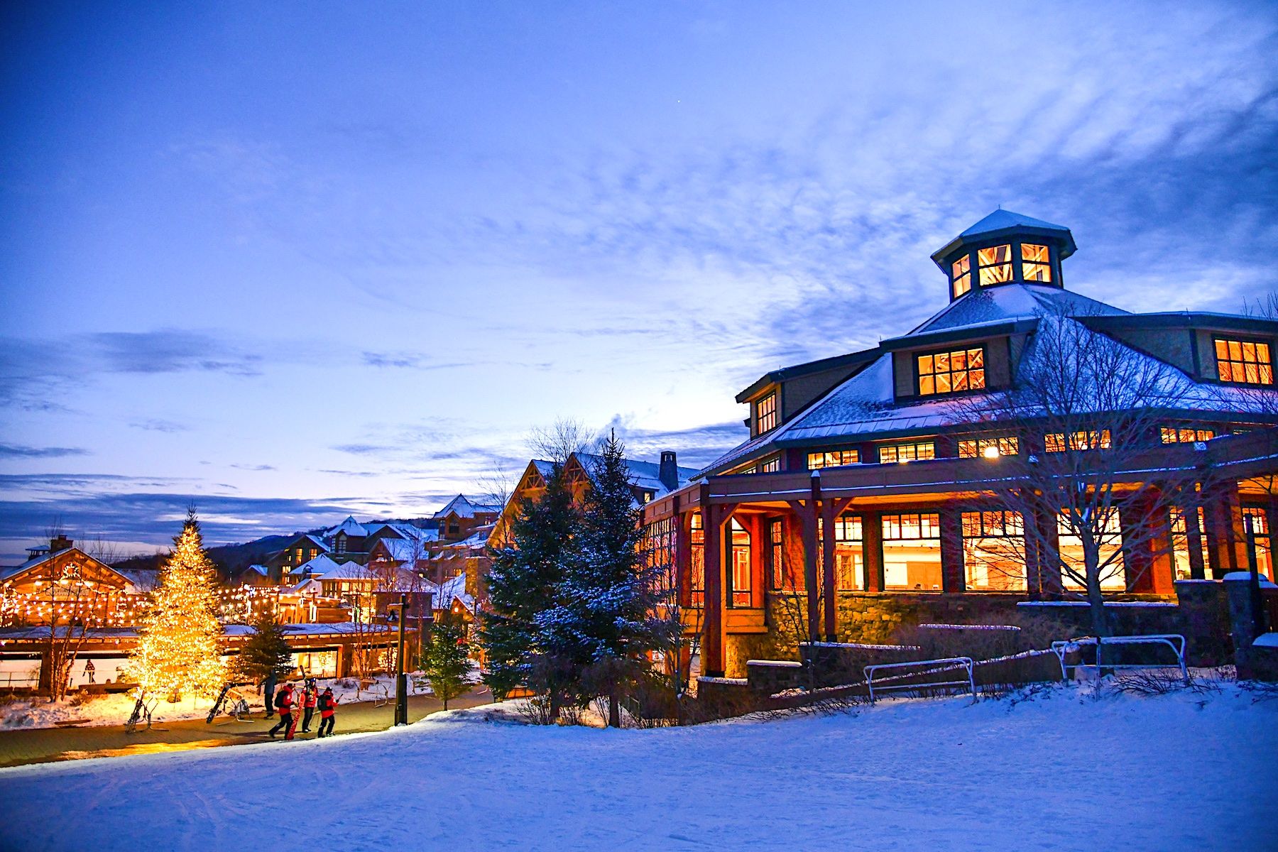View of Spruce Peak Village at night in Stowe Vermont