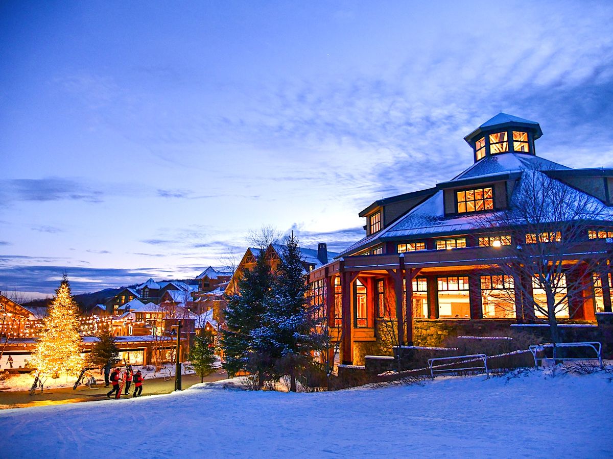 View of Spruce Peak Village at night in Stowe Vermont