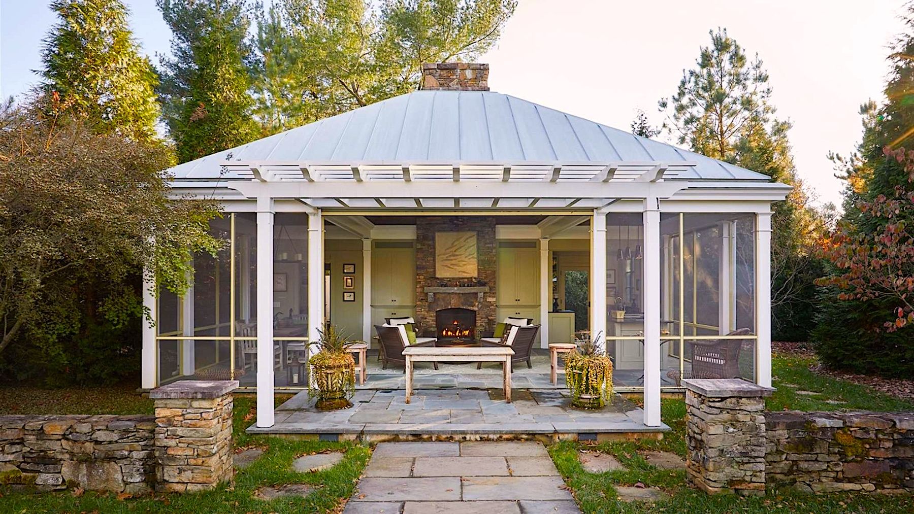 Exterior Pool House with Fireplace at Luxury Charlottesville VA Vacation Rental 