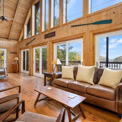 Living space with lake views in The Hangout at Lake Keowee.