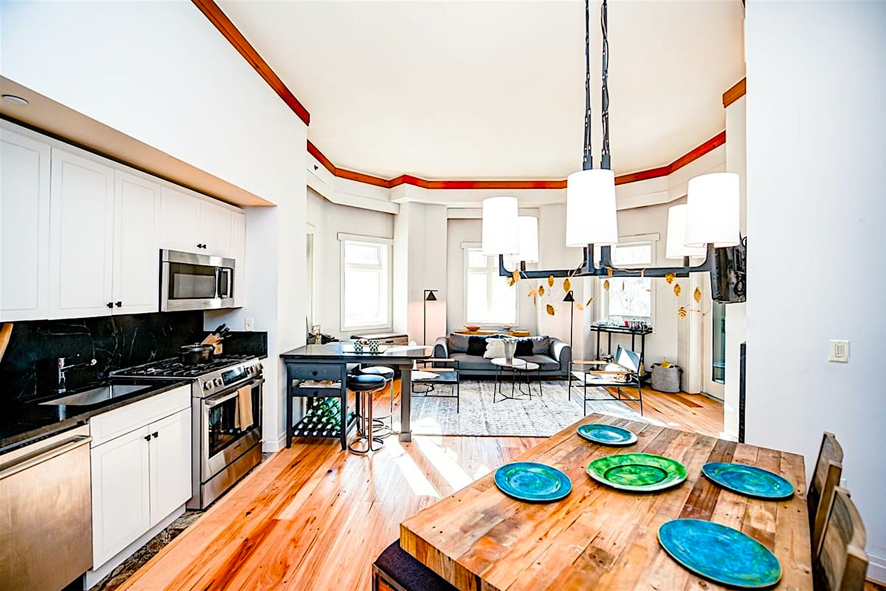 Living Room and Kitchen in Stowe Vermont Ski-In/Ski-Out Vacation Rental
