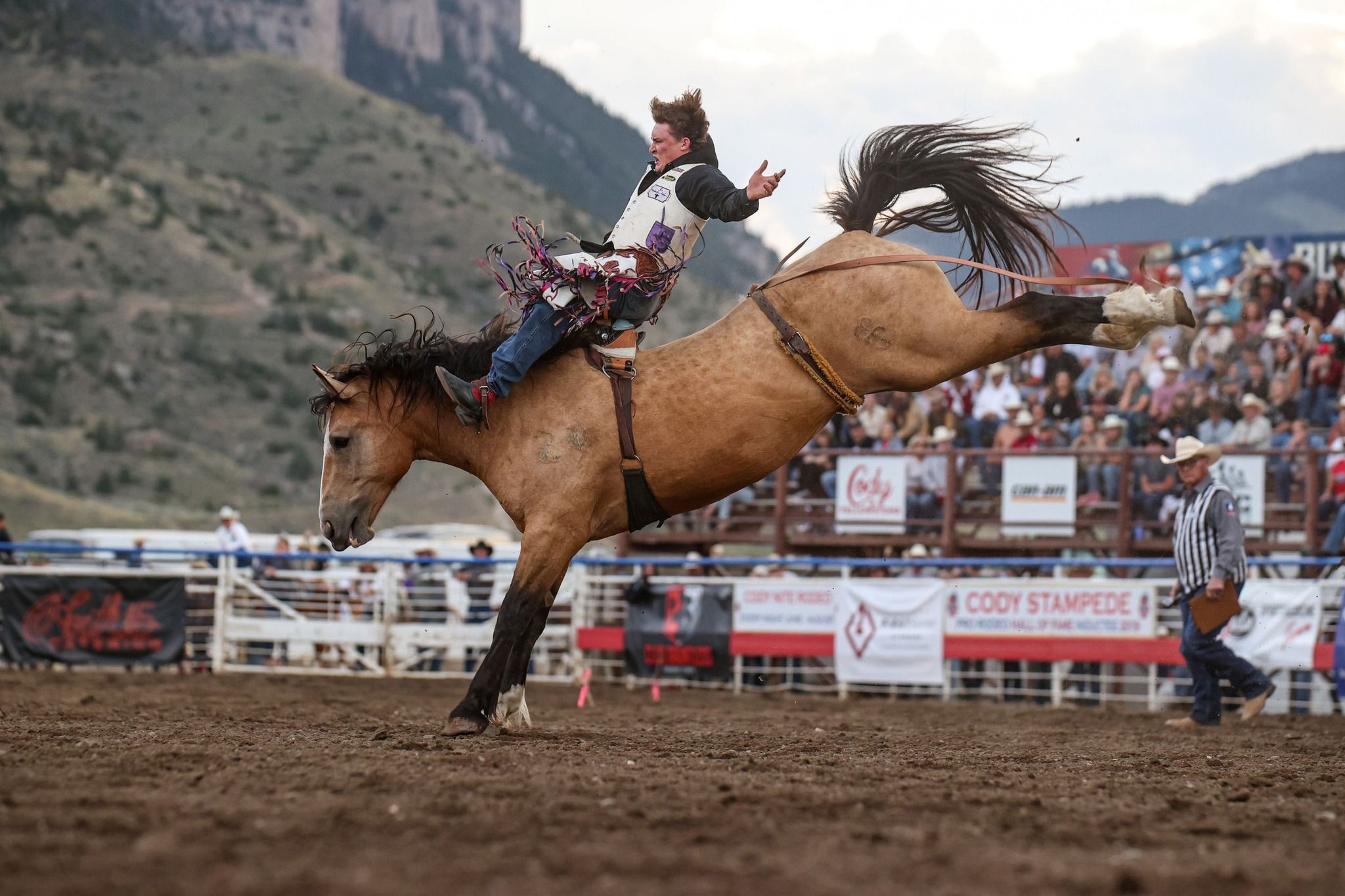 A cowboy holds tight as his horse bucks powerfully in the dirt arena, capturing the thrilling energy of the Cody Stampede Rodeo. The rugged Wyoming mountains rise in the background while the crowd watches in awe.