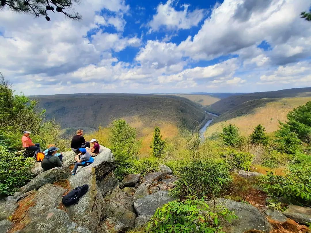 Hikers enjoying a panoramic overlook at Lehigh Gorge State Park with a river winding through the mountains below.