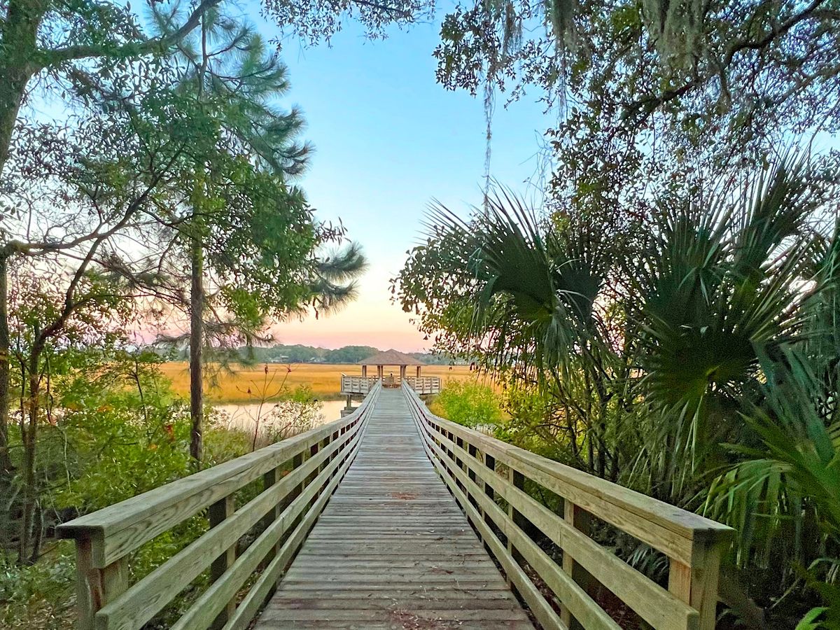 View of Wooden Walkway to Salt Marsh In Hilton Head Island, SC