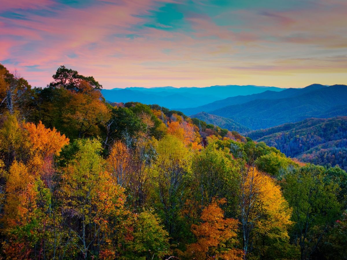 Aerial View of Great Smoky Mountains National Park at Sunset with Fall Colors
