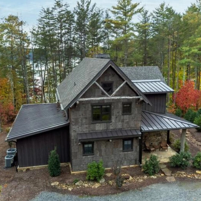 Exterior view of a lakefront vacation rental.