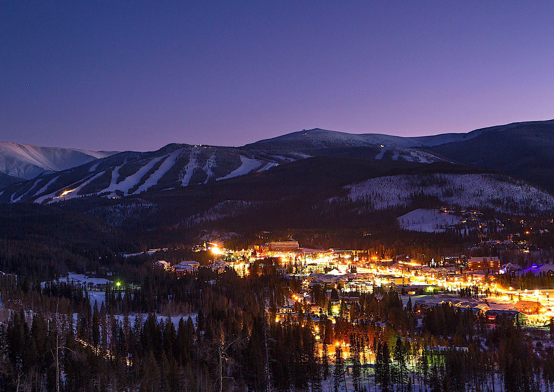 Aerial view of Winter Park Colorado during the winter at night 