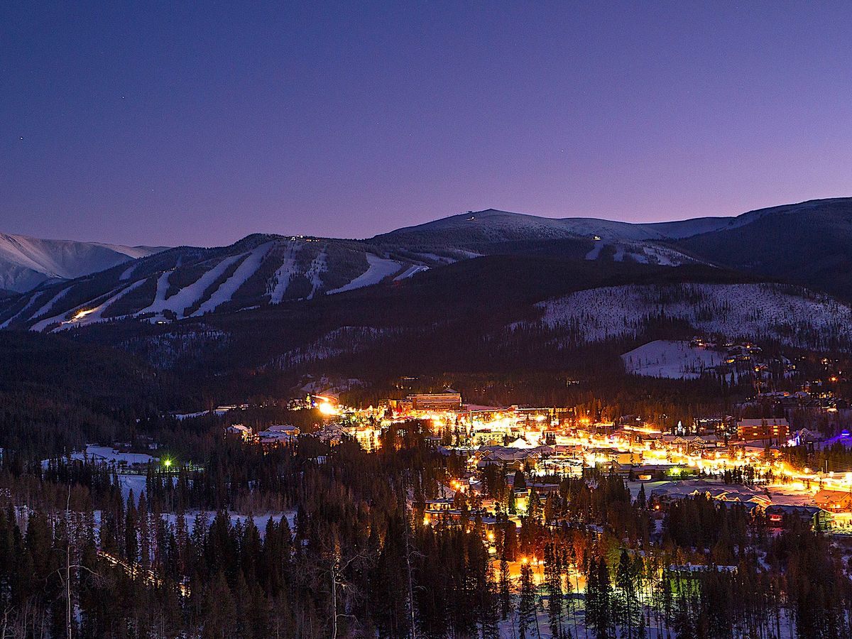 Aerial view of Winter Park Colorado during the winter at night