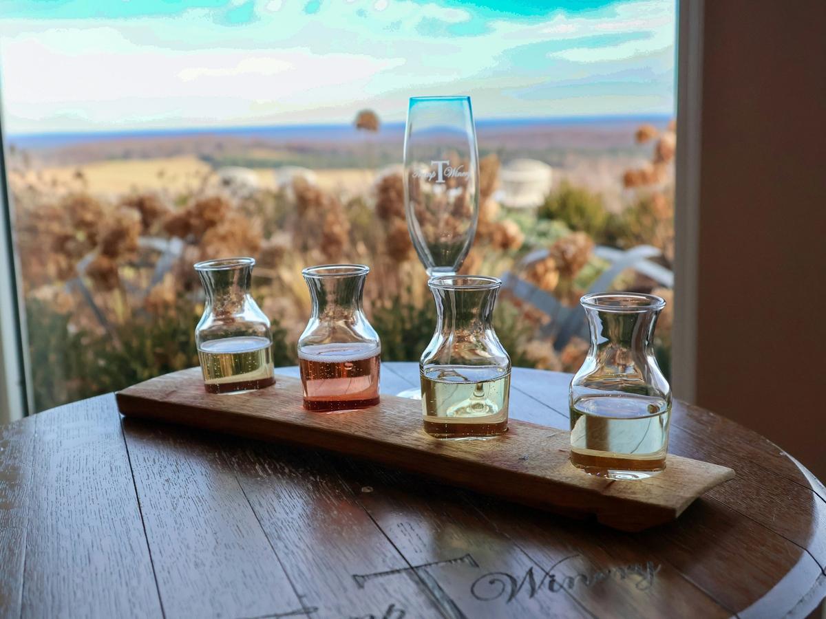 Wine flight in wooden tray on top of barrel with fall foliage views in the background