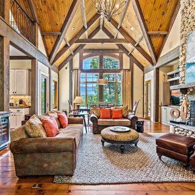 Open living space with a fireplace.