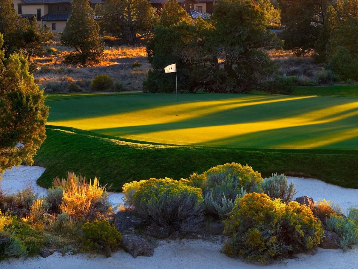 Late afternoon golden light casts long shadows across a well-bunkered green at Pronghorn's Nicklaus Course in Bend, Oregon, surrounded by sagebrush, juniper trees, and resort residences against a mountain backdrop.