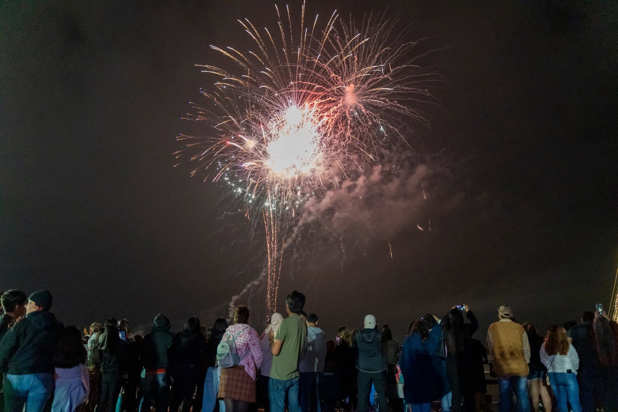 A large crowd gathers on the Isle of Palms pier to watch a dazzling New Year's Eve fireworks display burst in red, white, and gold against the dark South Carolina night sky